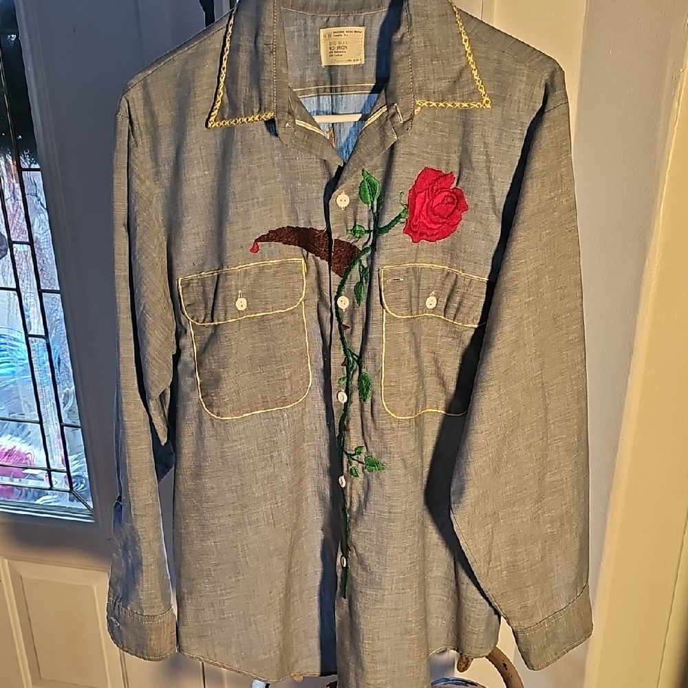 Casual Blue Shirt with Rose Embroidery